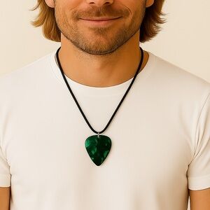 Green Guitar Pick Pendant Necklace Suede Cord Pearlescent New